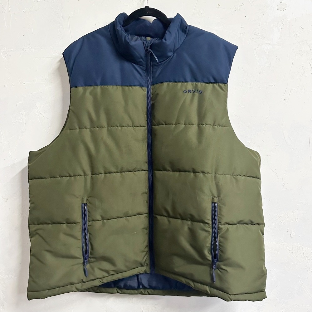 ORVIS Mens Puffer Vest Olive Green Navy Blue Full Zip Outdoor Casual Size XXL